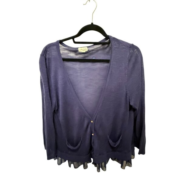 Maison Jules Womens XL Sheer Cardigan With Ruffle Hem & Pockets In Navy Blue Lig - Picture 1 of 7